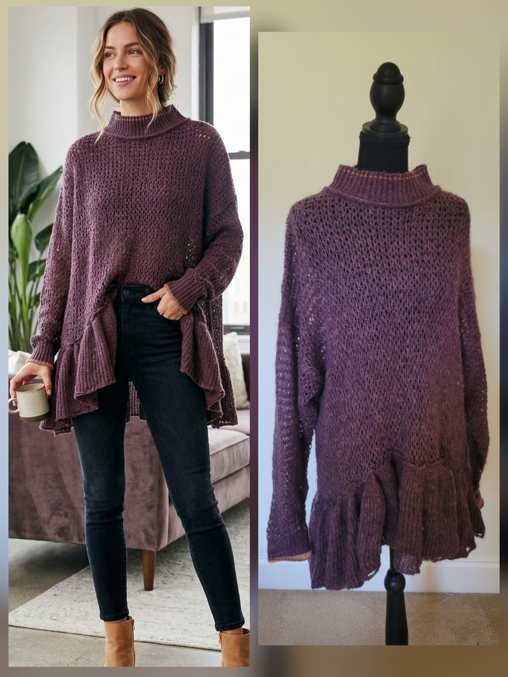 Free People Float On Peplum Tunic Sweater Blackberry Boho Oversized Mock Neck